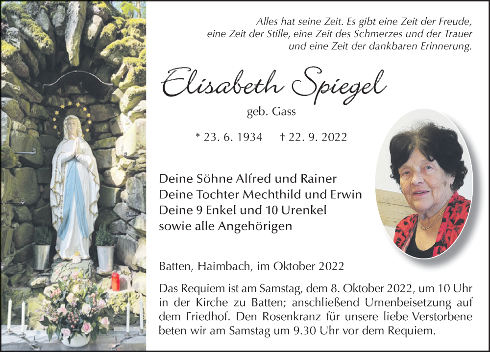  Traueranzeige für Elisabeth Spiegel vom 06.10.2022 aus FZ