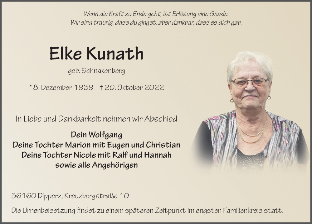  Traueranzeige für Elke Kunath vom 24.10.2022 aus FZ