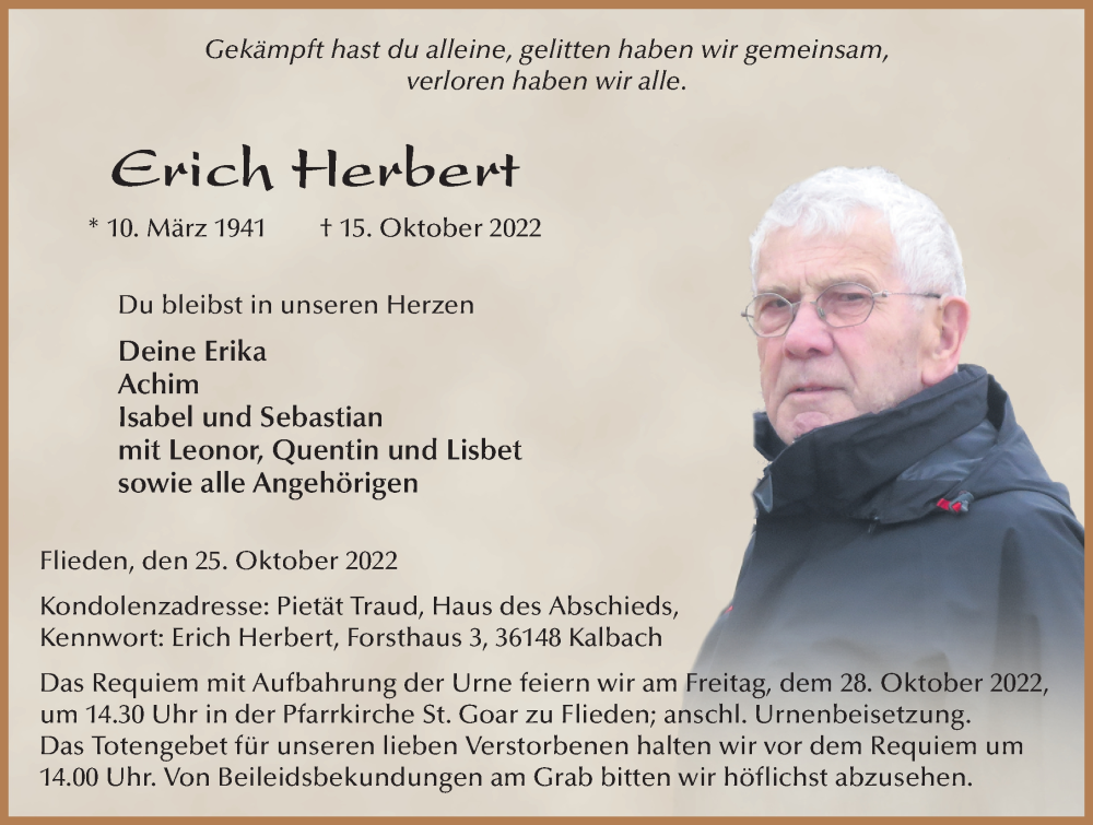  Traueranzeige für Erich Herbert vom 25.10.2022 aus FZ