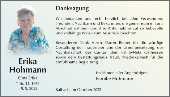 Traueranzeige von Erika Hohmann von FZ