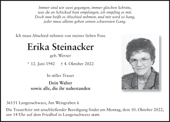 Traueranzeige von Erika Steinacker von FZ