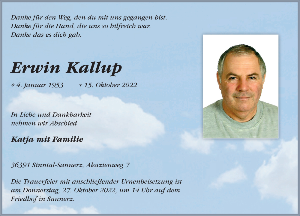  Traueranzeige für Erwin Kallup vom 22.10.2022 aus FZ