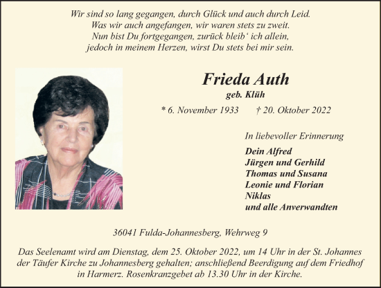 Traueranzeige von Frieda Auth von FZ