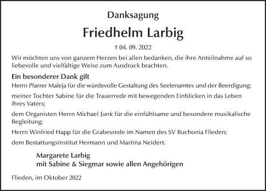 Traueranzeige von Friedhelm Larbig von FZ