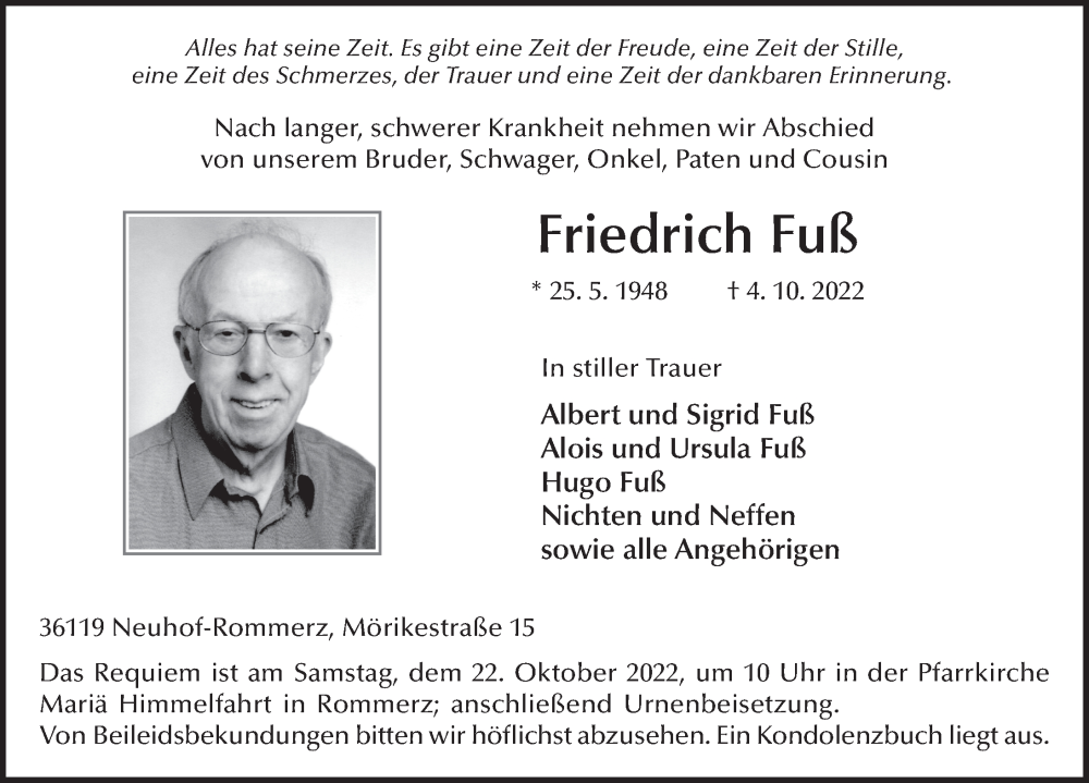  Traueranzeige für Friedrich Fuß vom 19.10.2022 aus FZ