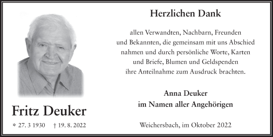 Traueranzeige von Fritz Deuker von FZ