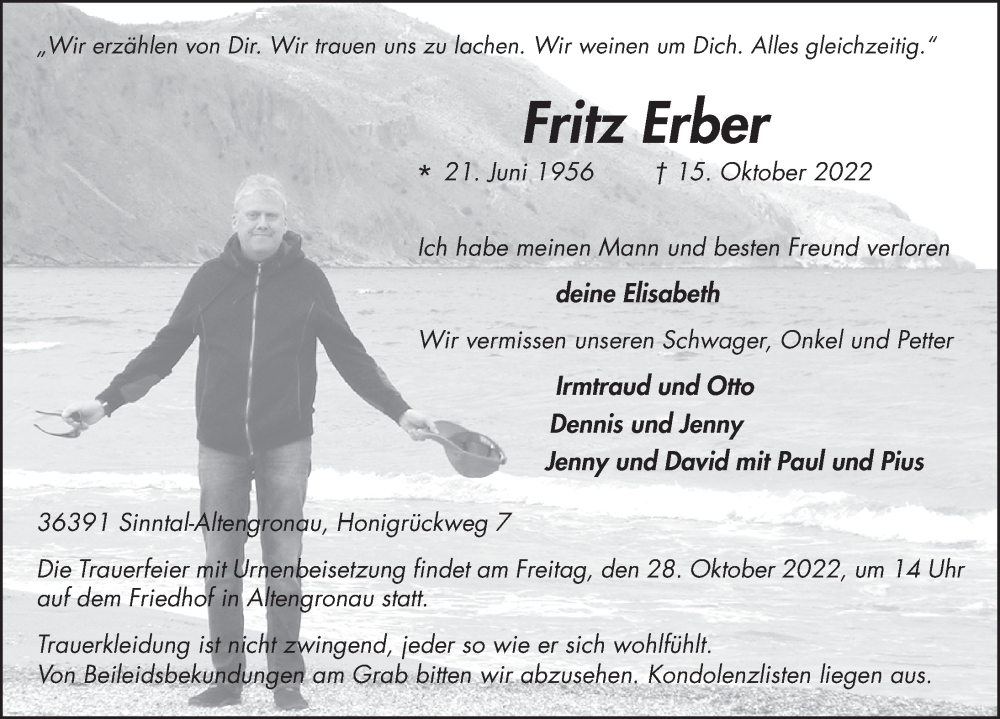  Traueranzeige für Fritz Erber vom 27.10.2022 aus FZ