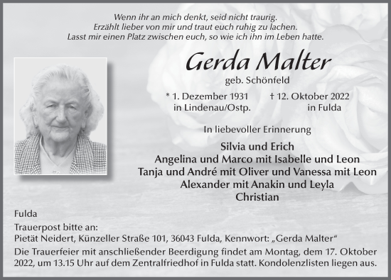 Traueranzeige von Gerda Malter von FZ