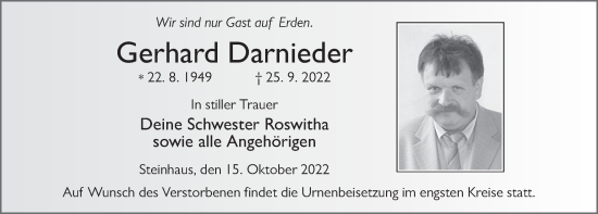 Traueranzeige von Gerhard Darnieder von FZ
