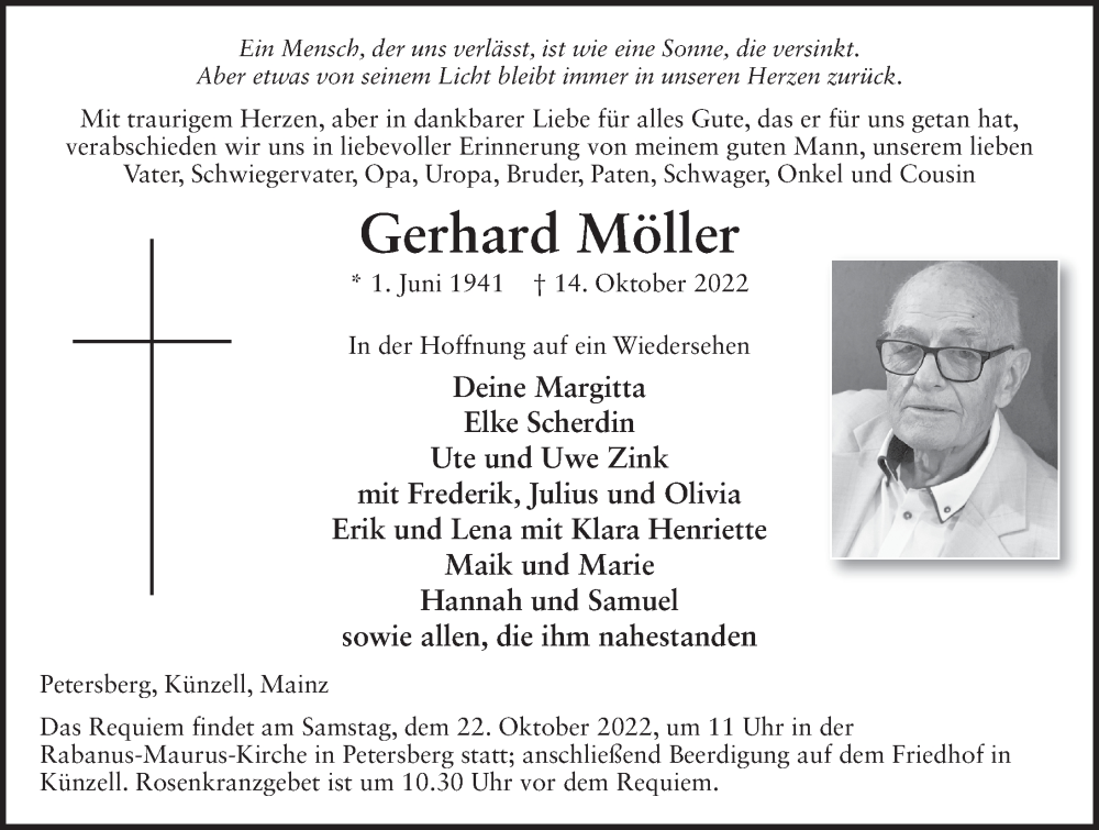  Traueranzeige für Gerhard Möller vom 20.10.2022 aus FZ