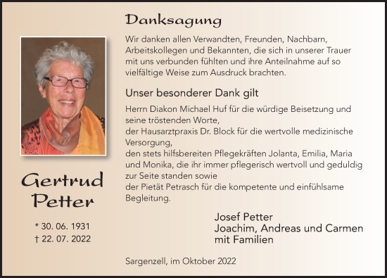 Traueranzeige von Gertrud Petter von FZ