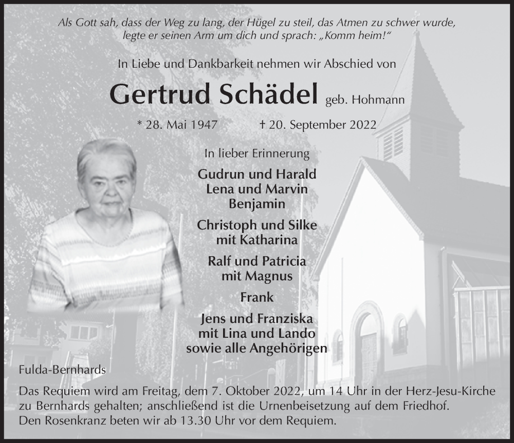  Traueranzeige für Gertrud Schädel vom 01.10.2022 aus FZ