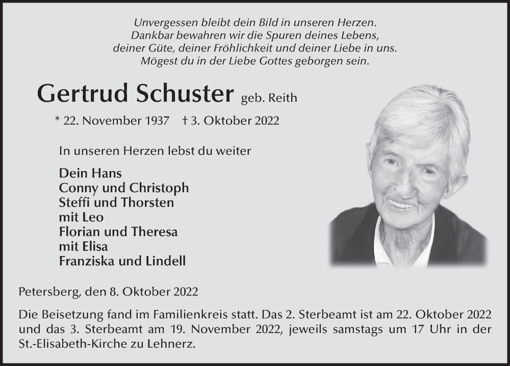  Traueranzeige für Gertrud Schuster vom 08.10.2022 aus FZ