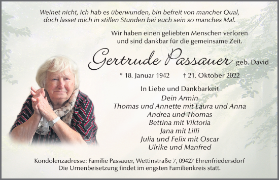 Traueranzeige von Gertrude Passauer von FZ