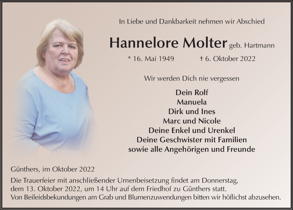  Traueranzeige für Hannelore Molter vom 11.10.2022 aus FZ