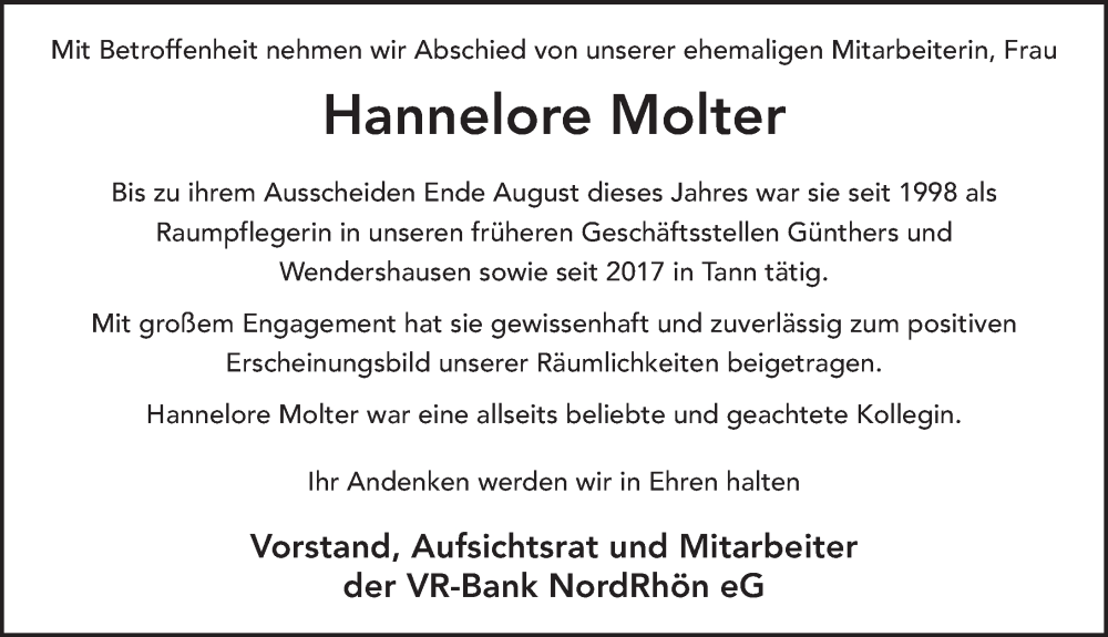  Traueranzeige für Hannelore Molter vom 11.10.2022 aus FZ