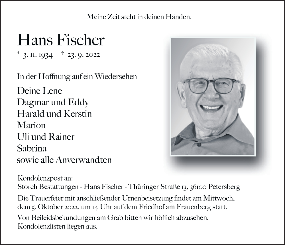  Traueranzeige für Hans Fischer vom 01.10.2022 aus FZ