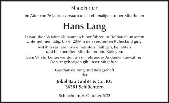 Traueranzeige von Hans Lang von FZ