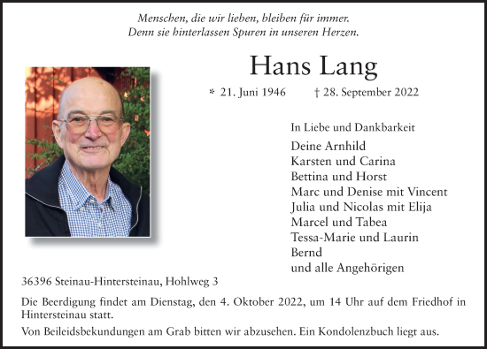 Traueranzeige von Hans Lang von FZ
