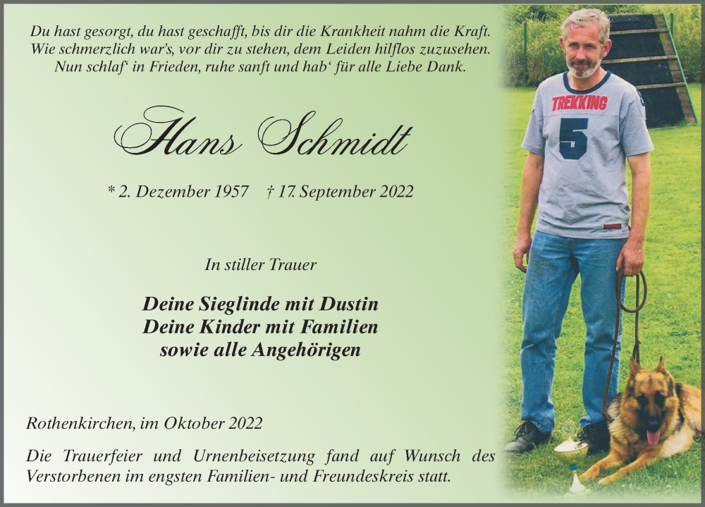  Traueranzeige für Hans Schmidt vom 11.10.2022 aus FZ