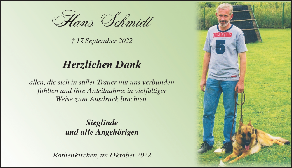  Traueranzeige für Hans Schmidt vom 22.10.2022 aus FZ