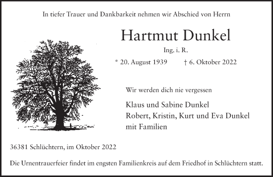 Traueranzeige von Hartmut Dunkel von FZ