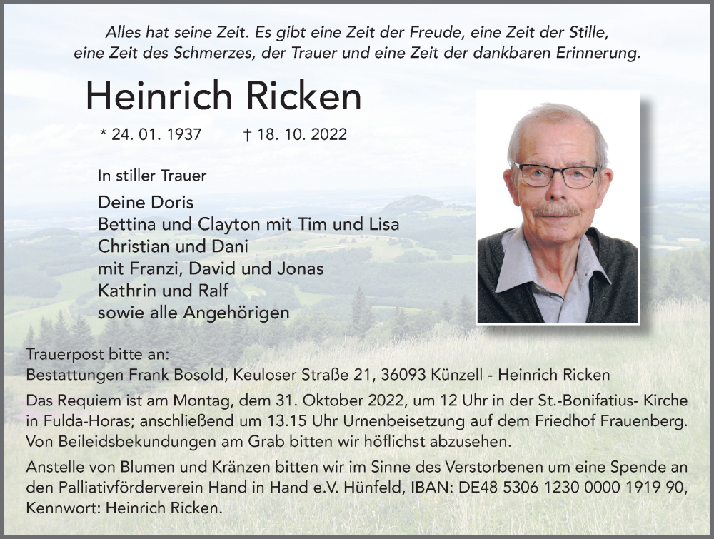  Traueranzeige für Heinrich Ricken vom 27.10.2022 aus FZ