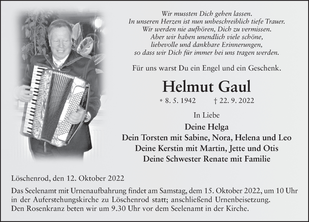 Traueranzeige für Helmut Gaul vom 12.10.2022 aus FZ