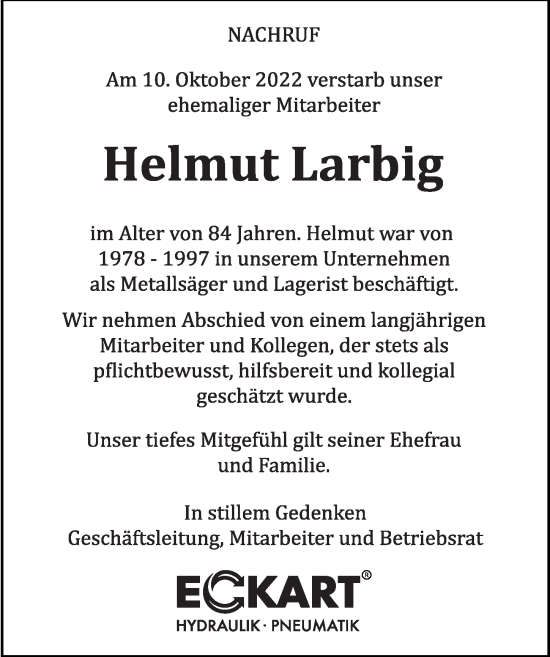 Traueranzeige von Helmut Larbig von FZ