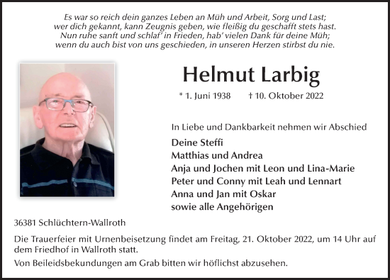 Traueranzeige von Helmut Larbig von FZ