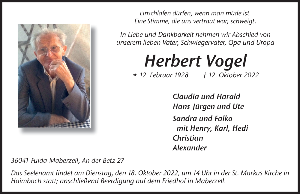  Traueranzeige für Herbert Vogel vom 15.10.2022 aus FZ