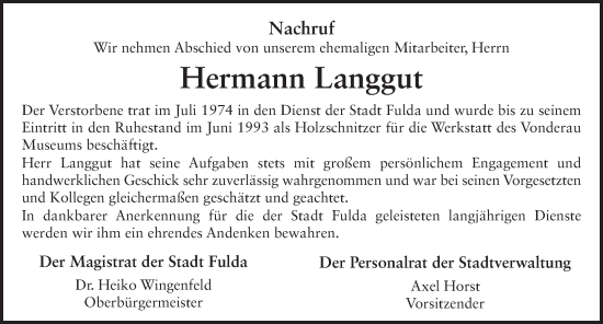 Traueranzeige von Hermann Langgut von FZ