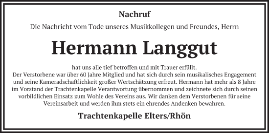 Traueranzeige von Hermann Langgut von FZ