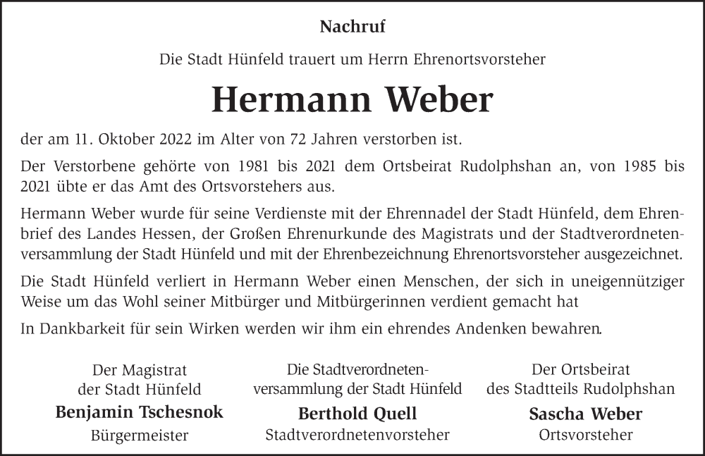  Traueranzeige für Hermann Weber vom 14.10.2022 aus FZ