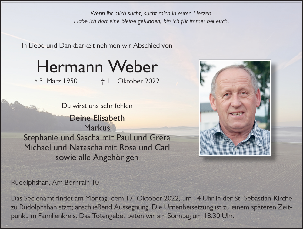  Traueranzeige für Hermann Weber vom 14.10.2022 aus FZ