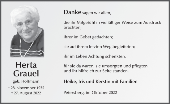Traueranzeige von Herta Grauel von FZ