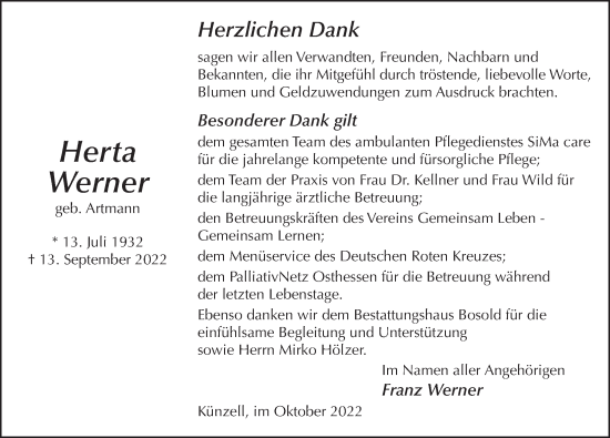 Traueranzeige von Herta Werner von FZ