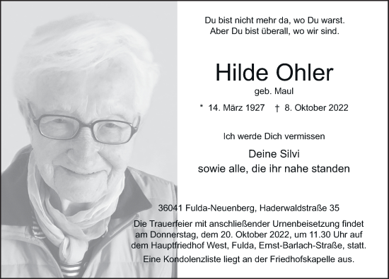 Traueranzeige von Hilde Ohler von FZ