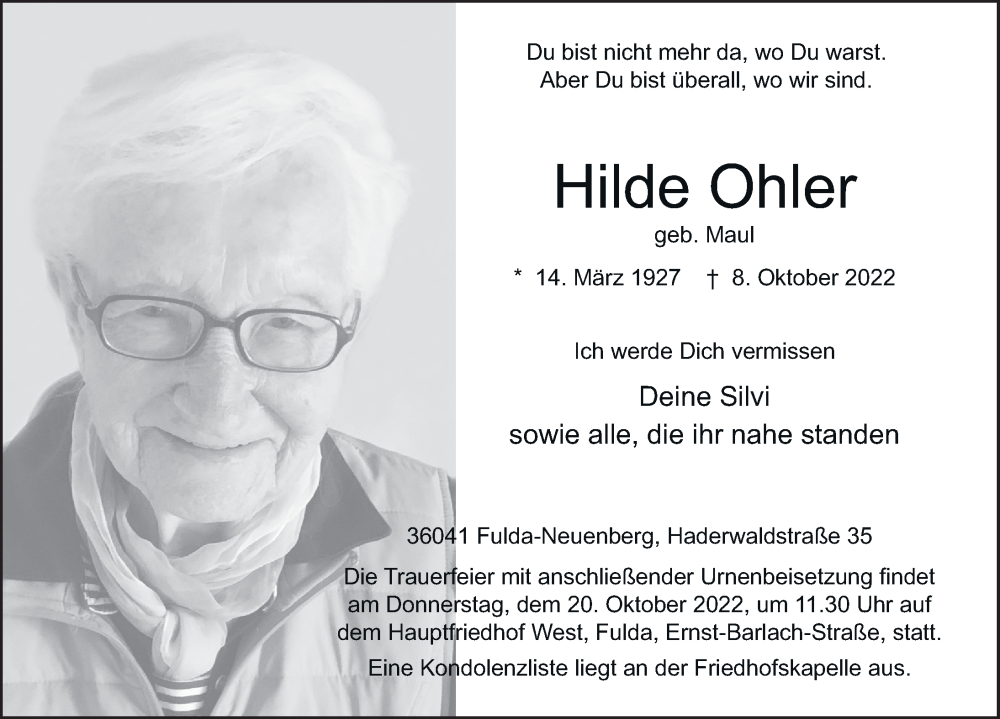 Traueranzeige für Hilde Ohler vom 15.10.2022 aus FZ