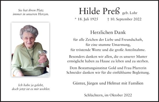 Traueranzeige von Hilde Preß von FZ