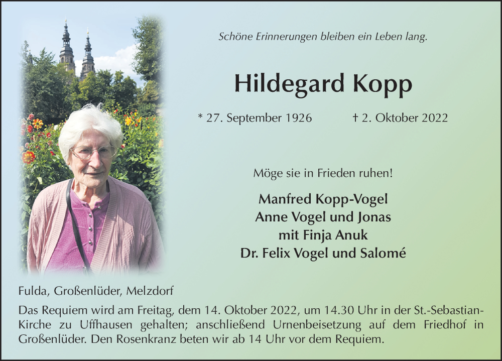 Traueranzeige für Hildegard Kopp vom 08.10.2022 aus FZ