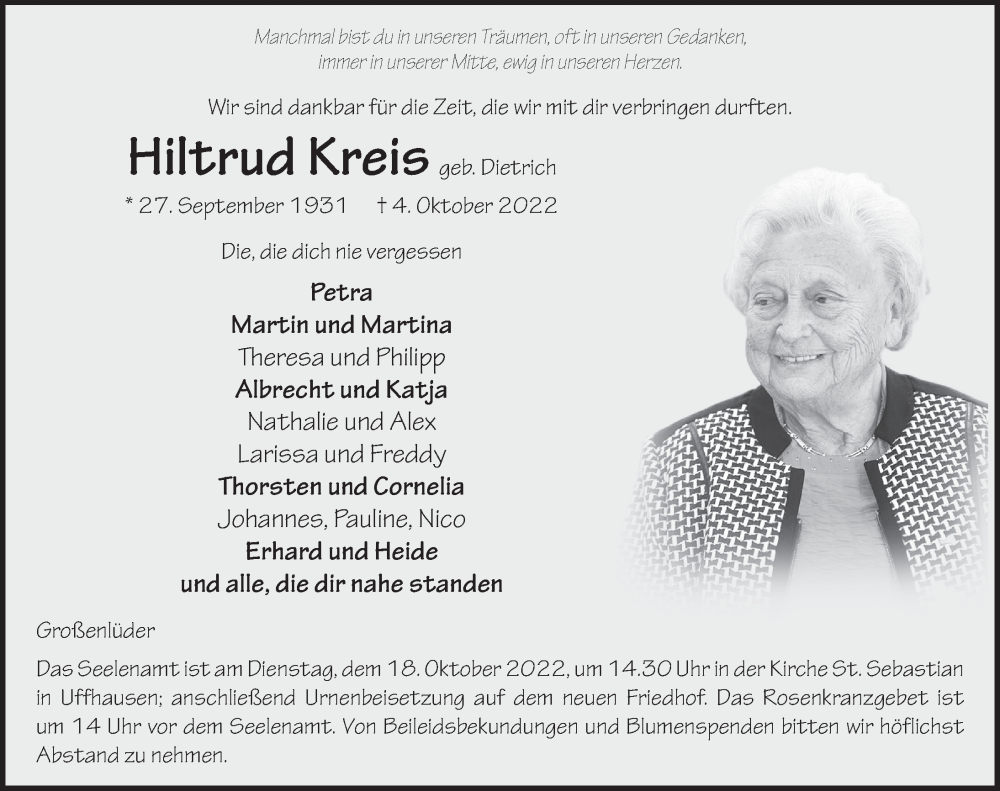  Traueranzeige für Hiltrud Kreis vom 14.10.2022 aus FZ