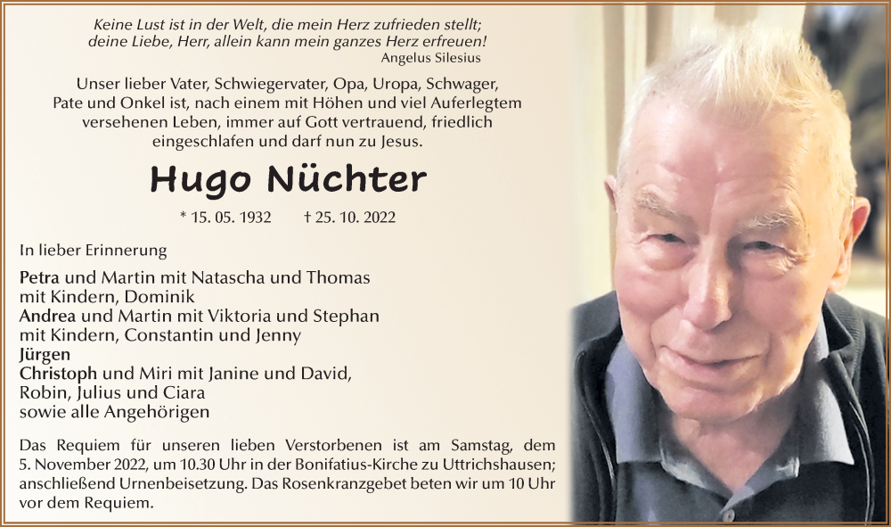  Traueranzeige für Hugo Nüchter vom 29.10.2022 aus FZ