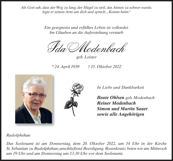 Traueranzeige von Ida Modenbach von FZ