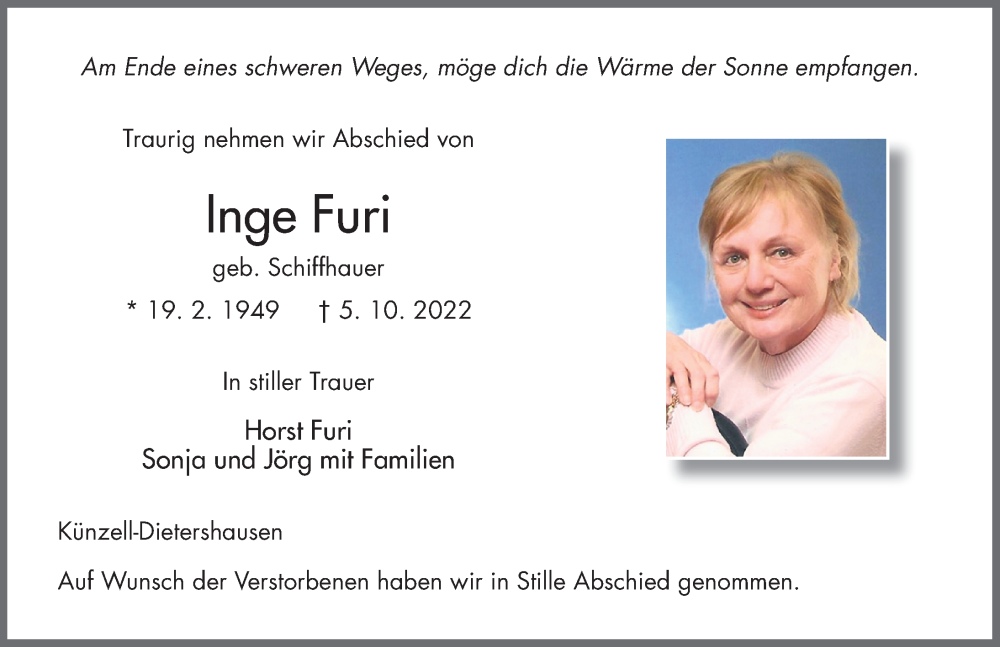  Traueranzeige für Inge Furi vom 14.10.2022 aus FZ