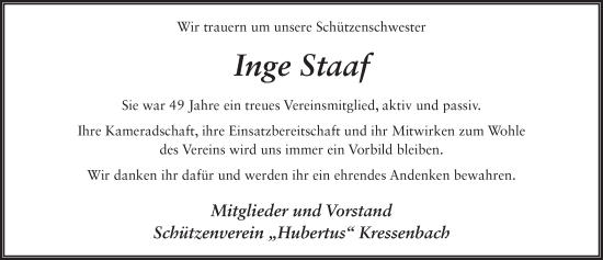 Traueranzeige von Inge Staaf von FZ
