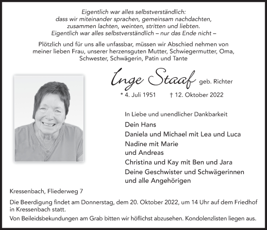 Traueranzeige von Inge Staaf von FZ