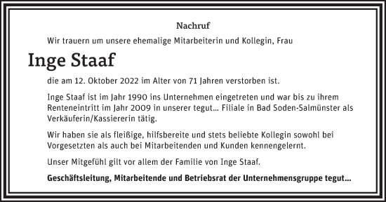 Traueranzeige von Inge Staaf von FZ