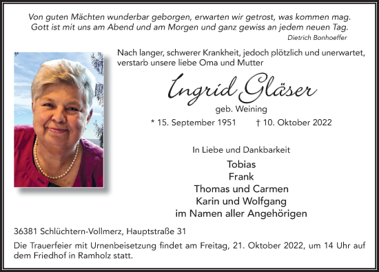 Traueranzeige von Ingrid Gläser von FZ