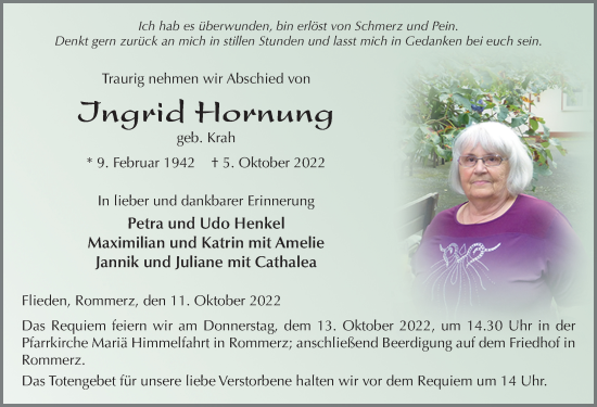 Traueranzeige von Ingrid Hornung von FZ